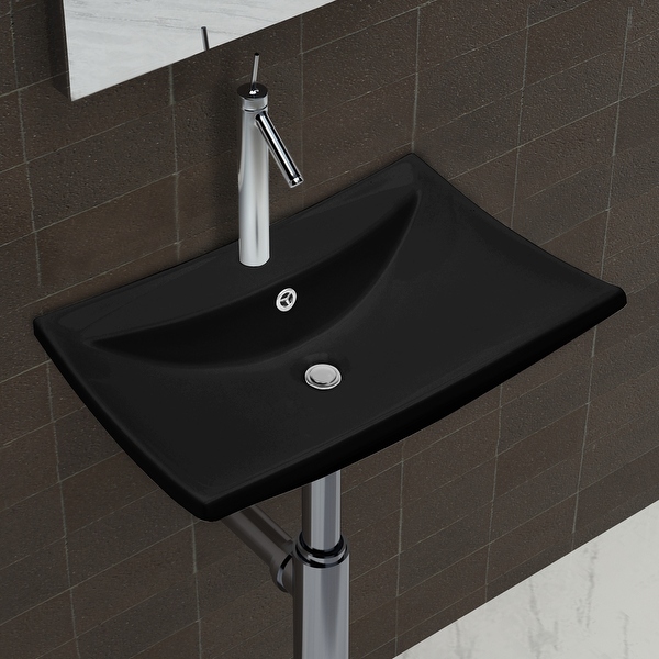 vidaXL Black Luxury Ceramic Basin Rectangular with Overflow and Faucet Hole