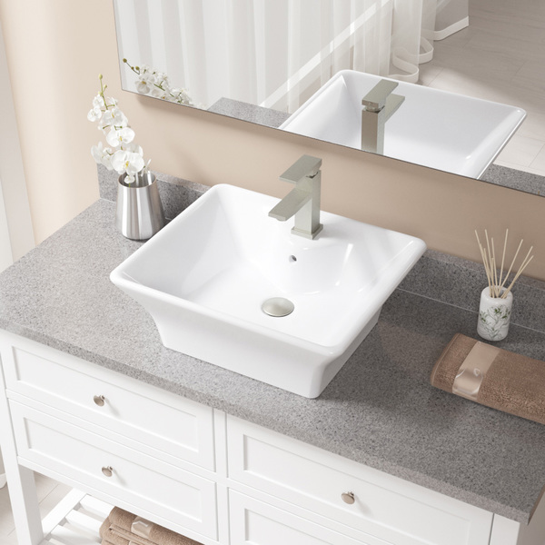 MR Direct V150 White Porcelain Sink with Brushed Nickel Faucet and Pop-Up Drain Combo