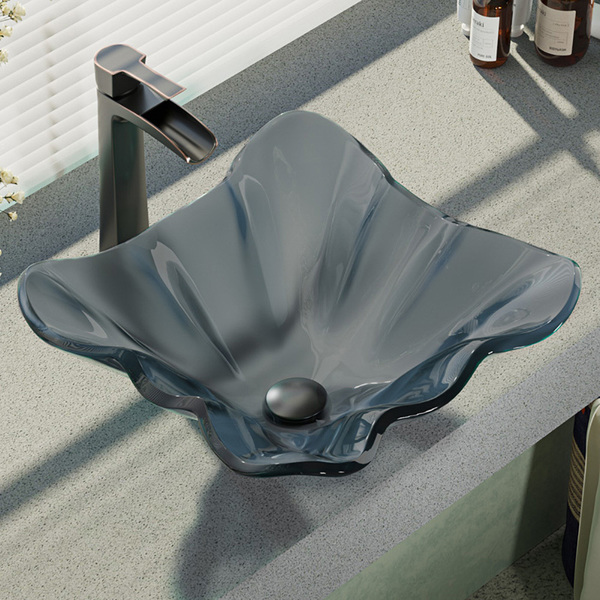 Rene By Elkay R5-5012-R9-7007 Frosted Glass Vessel Sink with Faucet, Sink Ring, and Pop-Up Drain