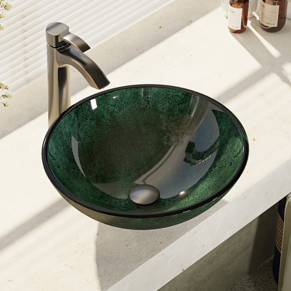 Rene By Elkay R5-5027-R9-7006 Forest Green Glass Vessel Bathroom Sink with Faucet, Sink Ring, and Pop-Up Drain