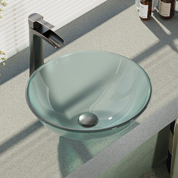 Rene By Elkay R5-5002-R9-7007 Frosted Glass Vessel Sink with Faucet, Sink Ring, and Pop-Up Drain
