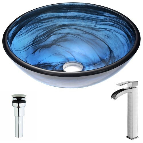 Anzzi LSAZ048-097 Soave Brass and Glass 16-1/2' Vessel Bathroom Sink with Key Se - sapphire wisp / brushed nickel