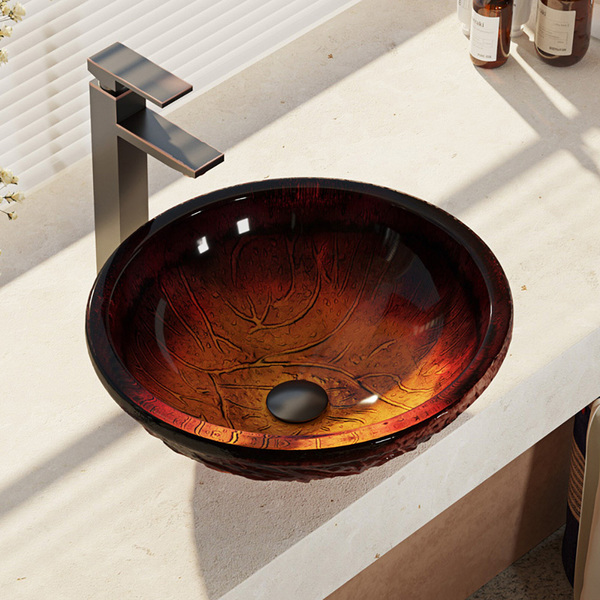 Rene By Elkay R5-5018-R9-7003 Red Lava Glass Bathroom Sink with Faucet, Sink Ring, and Pop-Up Drain