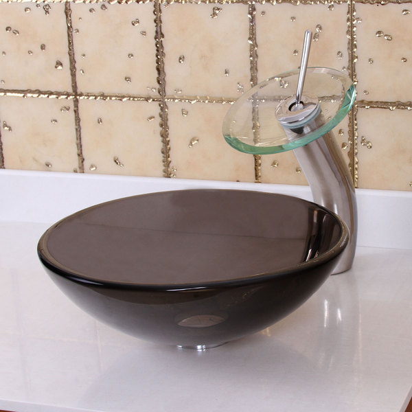 Elite Natural Small Clear Brown Tempered Glass Bathroom Sink and Waterfall Faucet