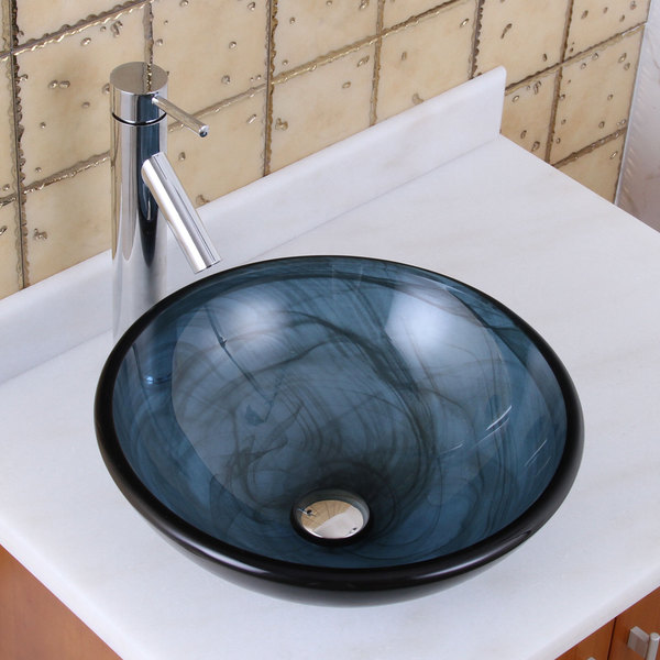 Elite 48N+2659 Blue Swirl Pattern with Double-layer Tempered Glass Bathroom Vessel Sink with Faucet Combo