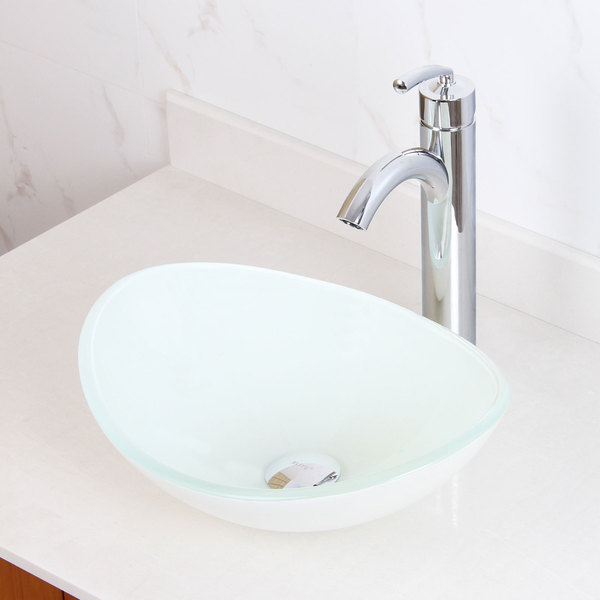 Elite 1420/ 882002 Tempered Glass White Oval Bathroom Vessel Sink and Faucet