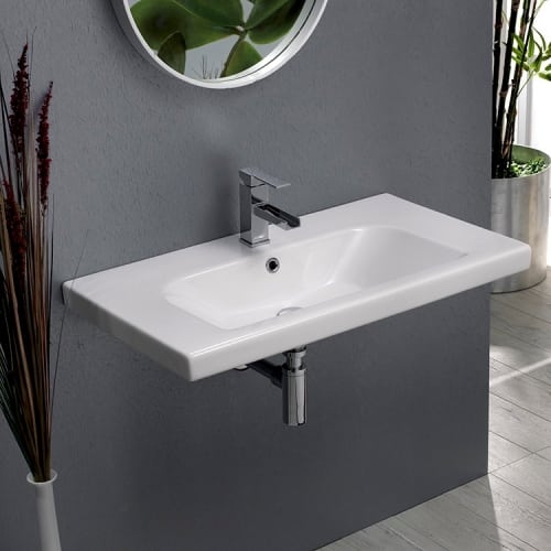 Nameeks 081600-U Lisboa 32-1/4' Ceramic Wall Mounted/Drop in Bathroom Sink with 1 / 3 Faucet Holes Drilled - Includes Overflow