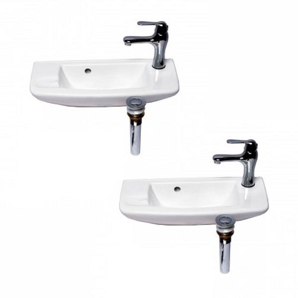 Small Wall Mount White Vessel Sink with Chrome Drain Faucet Overflow Set of 2
