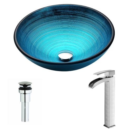 Anzzi LSAZ045-097 Enti Brass and Glass Deck Mounted or Vessel Bathroom Sink with - lustrous blue / brushed nickel - Single hole