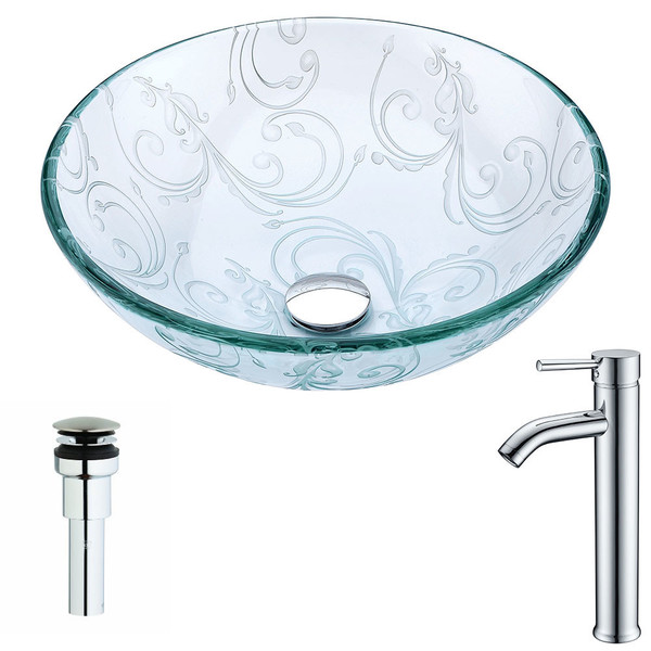 ANZZI Vieno Series Crystal Clear Floral Deco-Glass Vessel Sink with Fann Chrome Faucet - Crystal Clear Floral Finish