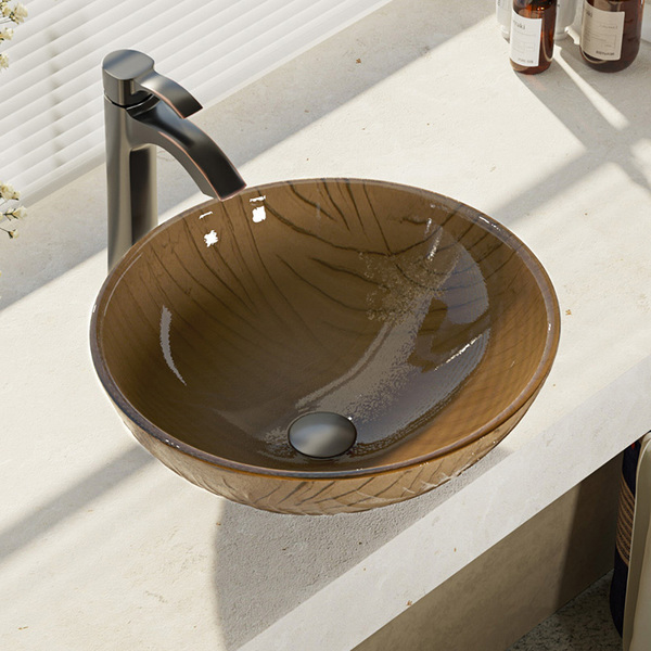 Rene By Elkay R5-5025-R9-7006 Beach Sand Glass Vessel Bathroom Sink with Faucet, Sink Ring, and Pop-Up Drain