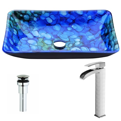 Anzzi LSAZ040-097 Voce Brass and Glass Deck Mounted or Vessel Bathroom Sink with - lustrous blue / brushed nickel - Single hole