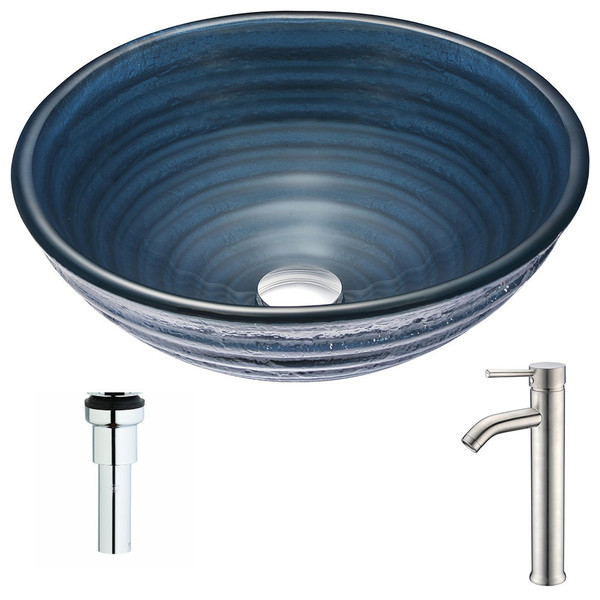 ANZZI Tempo Series Coiled Blue Deco-Glass Vessel Sink with Fann Brushed Nickel Faucet - Coiled Blue Finish