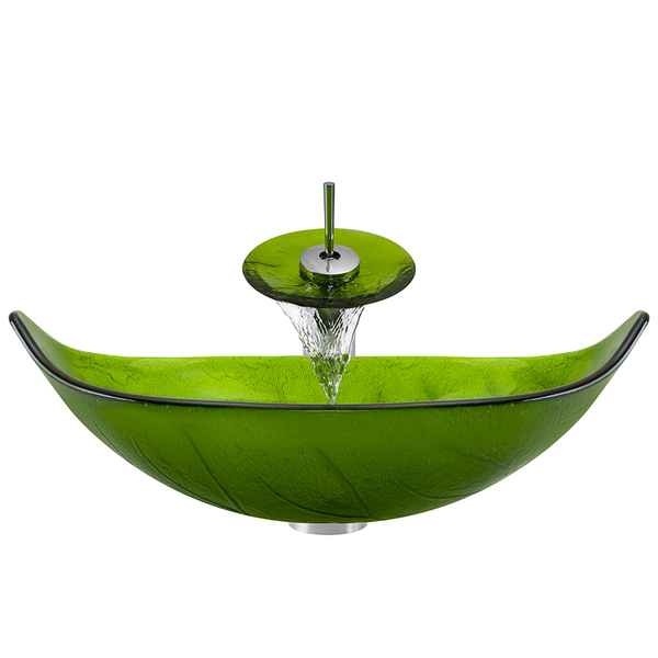 Polaris Sinks P906 Chrome Bathroom Ensemble (Vessel Sink, Waterfall Faucet, Pop-up Drain) - Leaf Shape Glass