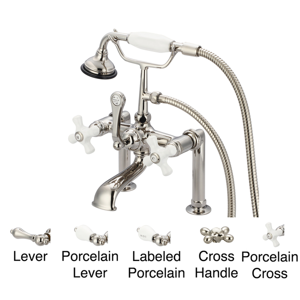 Water Creation Vintage Classic Polished Nickel PVD 7-inch Spread Deck Mount Tub Faucet With 6-inch Risers and Handheld Shower