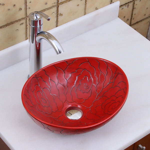 Elite 1557+882002 Oval Red Rose Porcelain Ceramic Bathroom Vessel Sink with Faucet Combo