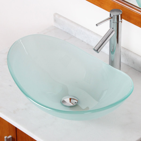 Elite GD33F2659C Tempered Bathroom Glass Vessel Sink W. Unique Oval Shape With Faucet Combo