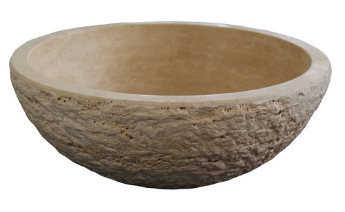 Chiseled Round Natural Stone Vessel Sink - Light Travertine - Beige - 5 - 11 Inch - Matte - Stone - Vessel - Round - 16 - 25' - Bottom Center