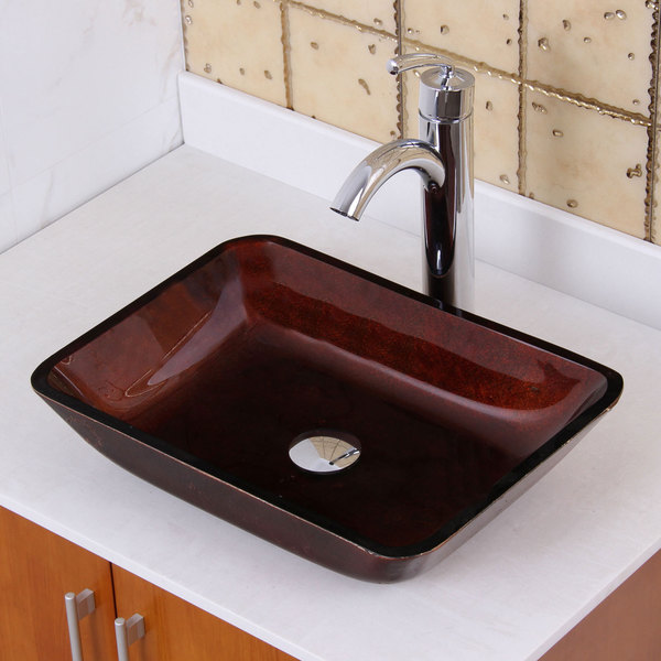 Elite 1407/ 882002 Tempered Glass Bronze Rectangle Bathroom Vessel Sink and Faucet