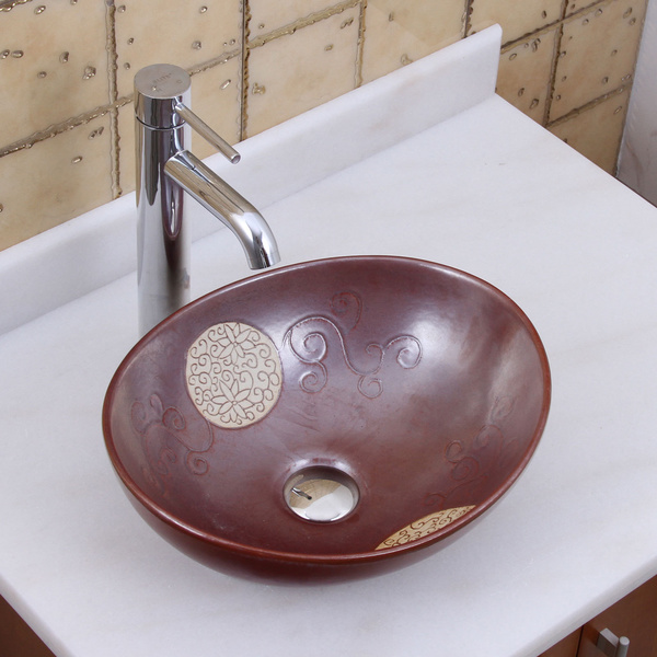 Elite 1566 F371023 Oval Mohogany Glaze Porcelain Ceramic Bathroom Vessel Sink With Faucet Combo