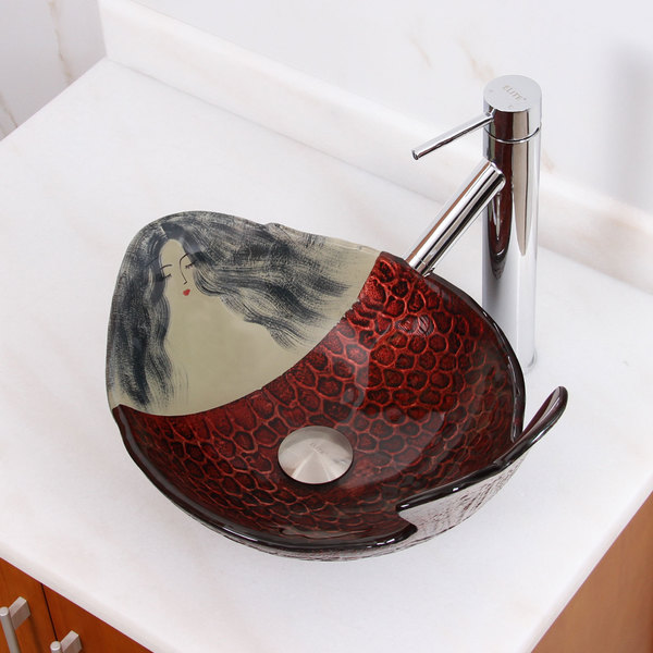 Elite Mermaid IVY+2659 Pattern Tempered Glass Bathroom Vessel Sink With Faucet Combo