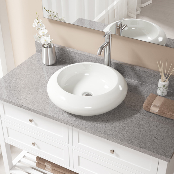 MR Direct V90 Bisque Porcelain Sink With Chrome Faucet and Pop-up Drain