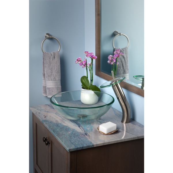 Novatto Bonificare Glass Vessel Bathroom Sink Set, Brushed Nickel/ Clear Glass - Clear, Brushed Nickel Faucet, Drain