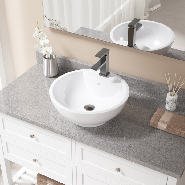 MR Direct V2702 White Porcelain Sink with Antique Bronze Faucet and Pop-up Drain