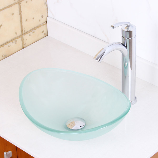 Elite 1416/ 882002 Frosted Tempered Glass Bathroom Vessel Sink and Faucet