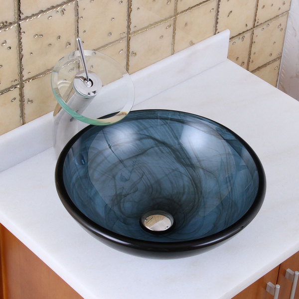 Elite 48N+F22T Blue Swirl Pattern with Double-layer Tempered Glass Bathroom Vessel Sink and Waterfall Faucet Combo