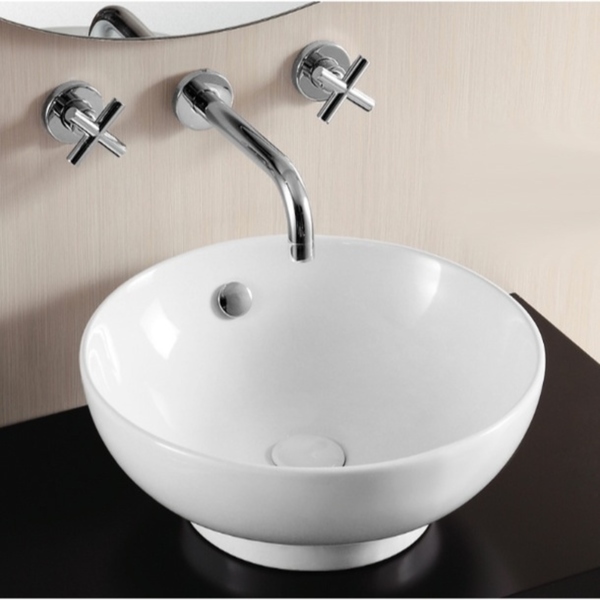 Caracalla CA4947-No Hole Round White Ceramic Vessel Bathroom Sink - 12 - 17 Inch