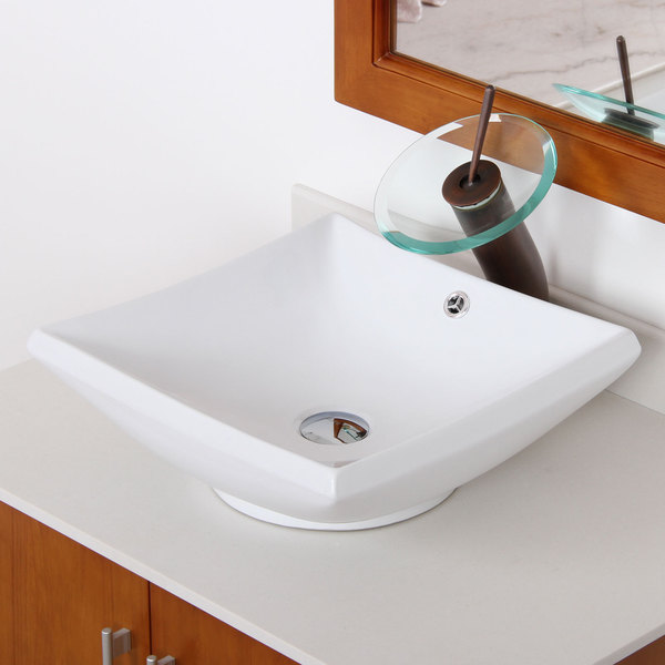 Elite High Temperature Ceramic Bathroom Sink with Square Design and Oil Rubbed Bronze Finish Waterfall Faucet Combo