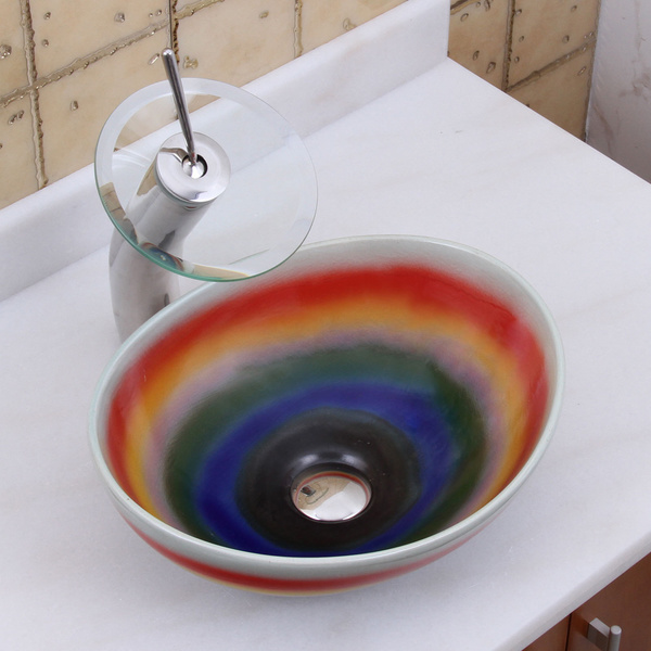 Elite 1556+F22T Oval Multicolor Glaze Porcelain Ceramic Bathroom Vessel Sink Waterfall Faucet Combo