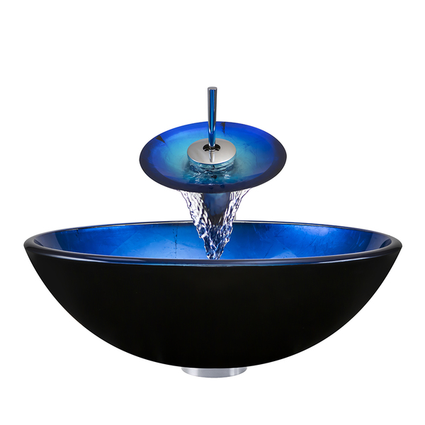 Polaris Sinks P806 Chrome Bathroom Ensemble (Vessel Sink, Waterfall Faucet, Pop-up Drain) - Blue Foil Undertone