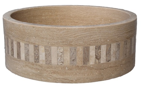 Cylindrical Mosaic Ring Vessel Sink - Light Travertine - Beige - 5 - 11 Inch - Matte - Stone - Vessel - Round - 16 - 25' - Bottom Center