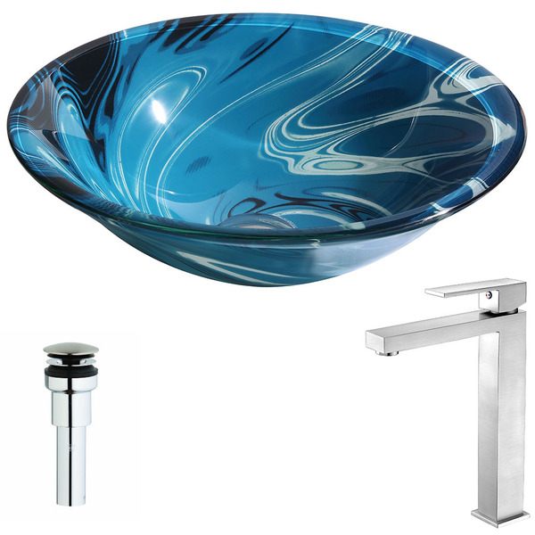 Anzzi Symphony Series Deco-glass Vessel Sink in Lustrous Dark Blue with Enti Faucet in Brushed Nickel - Lustrous Dark Blue Finish