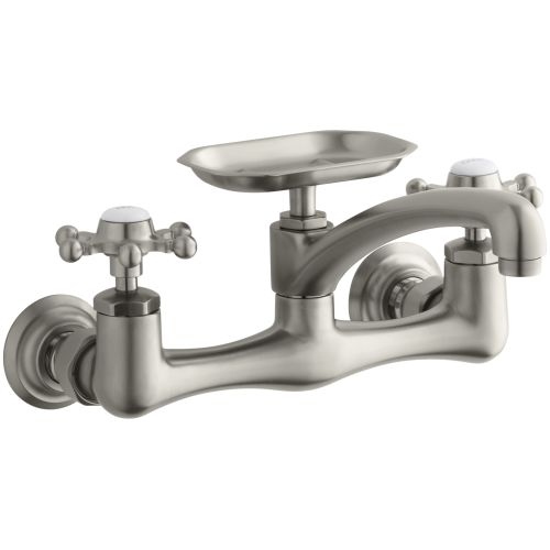 Kohler K-149-3 Wall Mount Kitchen Faucet with Metal Cross Handles and Soap Dish from the Antique Series - Chrome Finish
