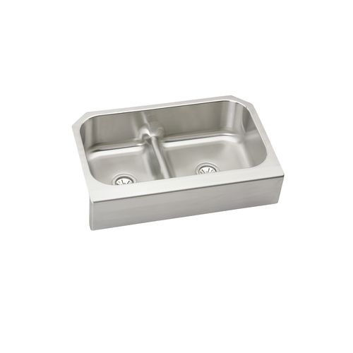 Elkay EAQDUHF3523L Gourmet Stainless Steel 34-5/8'' Undermount Double Basin Kitchen Sink with Low Divider
