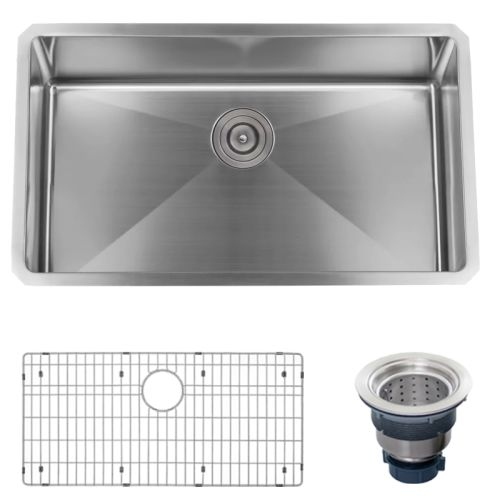 Miseno MSS3219SR 32' Undermount Single Basin Stainless Steel Kitchen Sink - Drain Assembly and Fitted Basin Rack Included Free