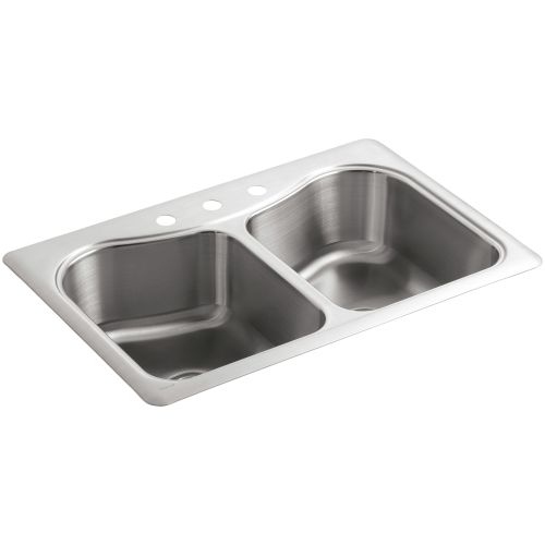 Kohler K-3369-3 Staccato 33' Double Basin Top-Mount 18-Gauge Stainless Steel Kitchen Sink with SilentShield