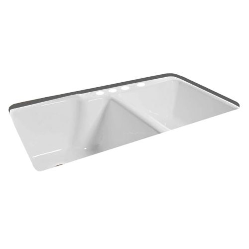 Miseno MCI37-4TE 36' Cast Iron Double Basin Kitchen Sink for Undermount Installations with 60/40 Split and Sound Dampening - White Finish