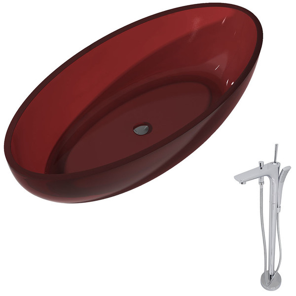 Anzzi Opal 5.6-foot Man-made Stone Classic Freestanding Soaking Bathtub in Deep Red with Kase Faucet in Chrome - Translucent