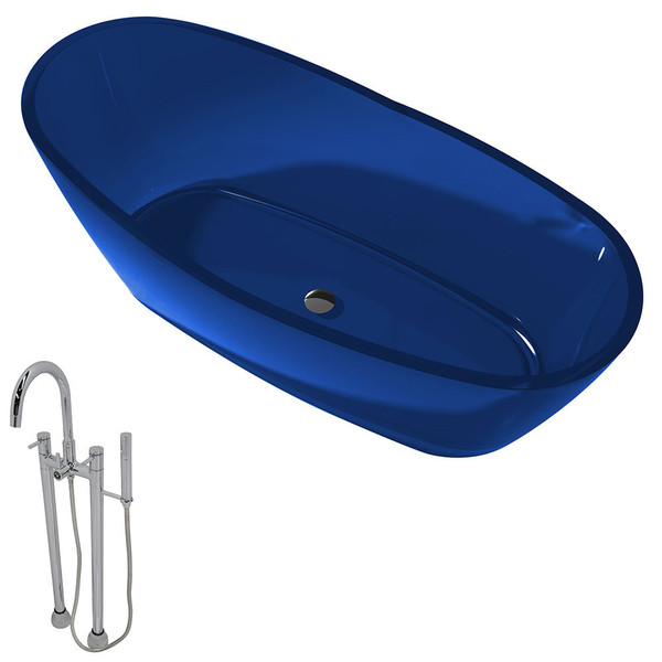 Anzzi Ember 5.4-foot Man-made Stone Slipper Soaker Bathtub in Regal Blue with Sol Faucet in Chrome - Translucent