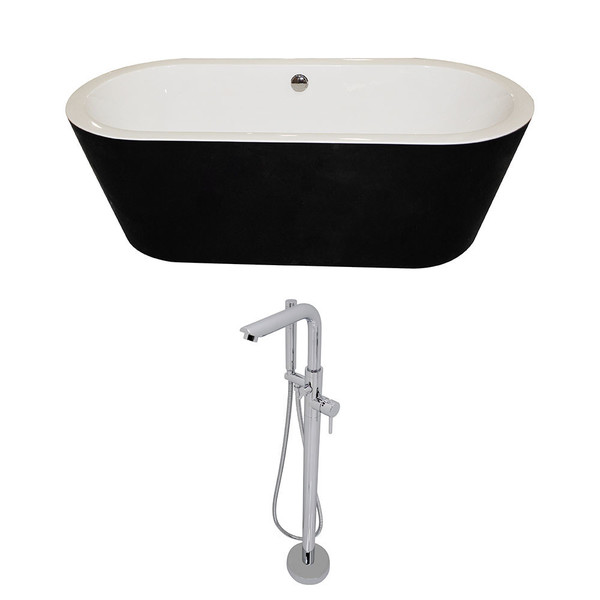 Anzzi Dualita Black Acrylic Standalone Soak Tub w/ Chrome Sens Faucet (5.6 ft.) - Glossy