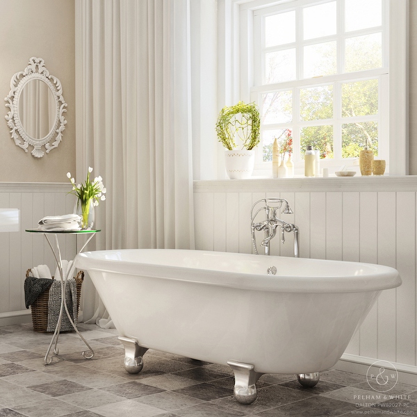 Pelham & White Luxury 60 Inch Clawfoot Tub with Chrome Cannonball Feet - Double Ended - Acrylic - White