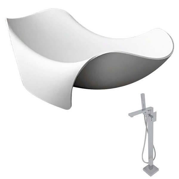 ANZZI Cielo 6.5 ft. Man-Made Stone Double Slipper Flatbottom Non-Whirlpool Bathtub in Matte White and Dawn Faucet in Chrome - Matte
