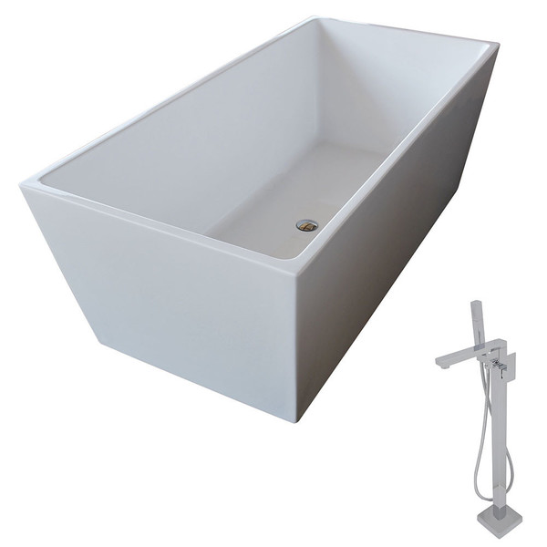 Anzzi Fjord White Acrylic Rectangular Soak Tub w/ Chrome Dawn Faucet (5.6 ft) - Glossy