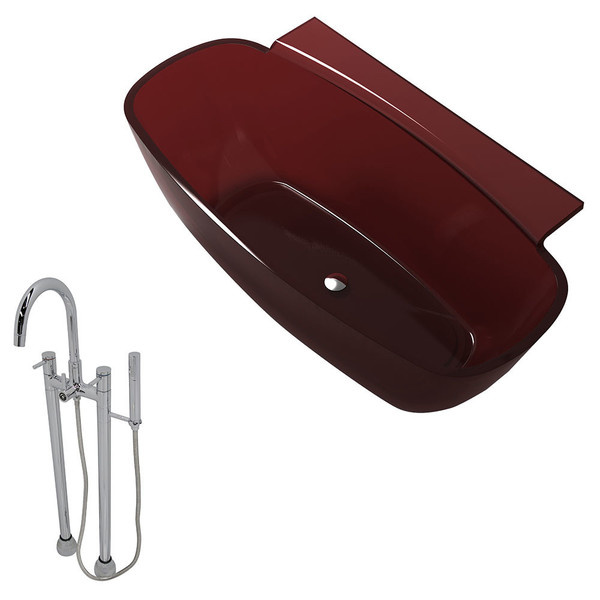 Anzzi Vida 5.2-foot Man-made Stone Classic Freestanding Soaking Bathtub in Deep Red with Sol Faucet in Chrome - Translucent
