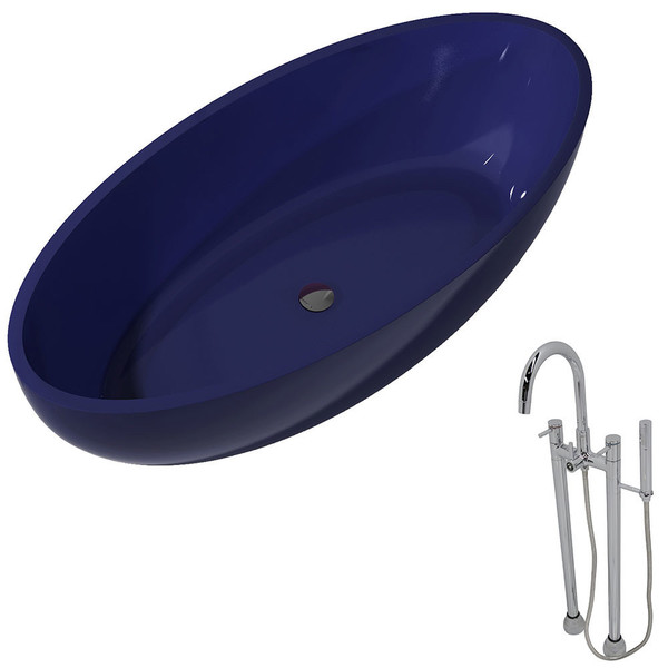 Anzzi Opal 5.6-foot Man-made Stone Classic Freestanding Soaking Bathtub in Regal Blue with Sol Faucet in Chrome - Translucent