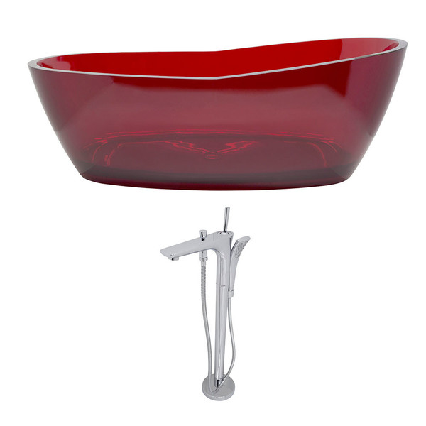 Anzzi Ember 5.4-foot Man-made Stone Slipper Freestanding Soaker Bathtub in Deep Red with Kase Faucet in Chrome - Translucent
